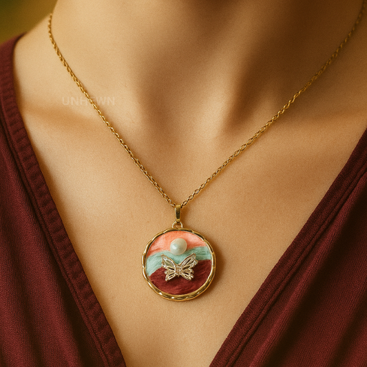 Butterfly & Pearl Sunset Pendant Necklace