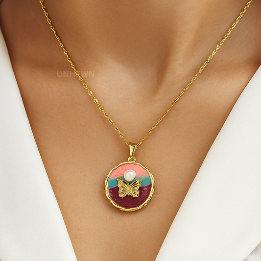Butterfly & Pearl Sunset Pendant Necklace