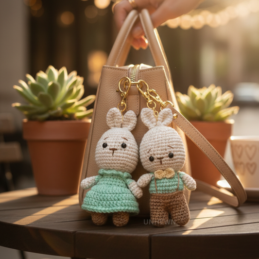 Handmade Crochet Bunny Love Couple Charm Set- Keychain, Bag Charm, Unique Gift Accessories