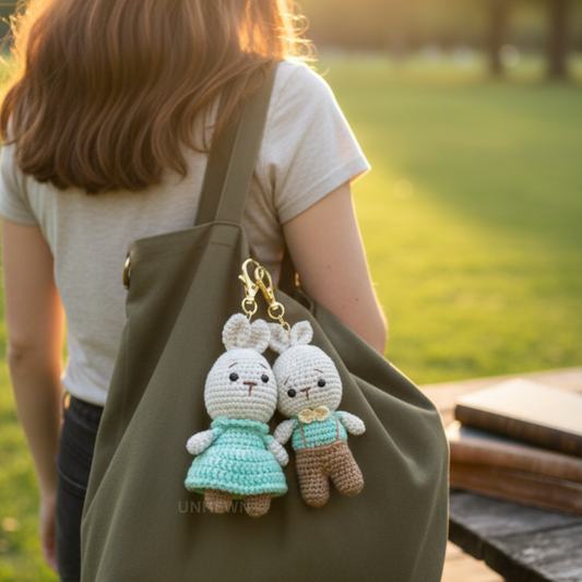 Handmade Crochet Bunny Love Couple Charm Set- Keychain, Bag Charm, Unique Gift Accessories