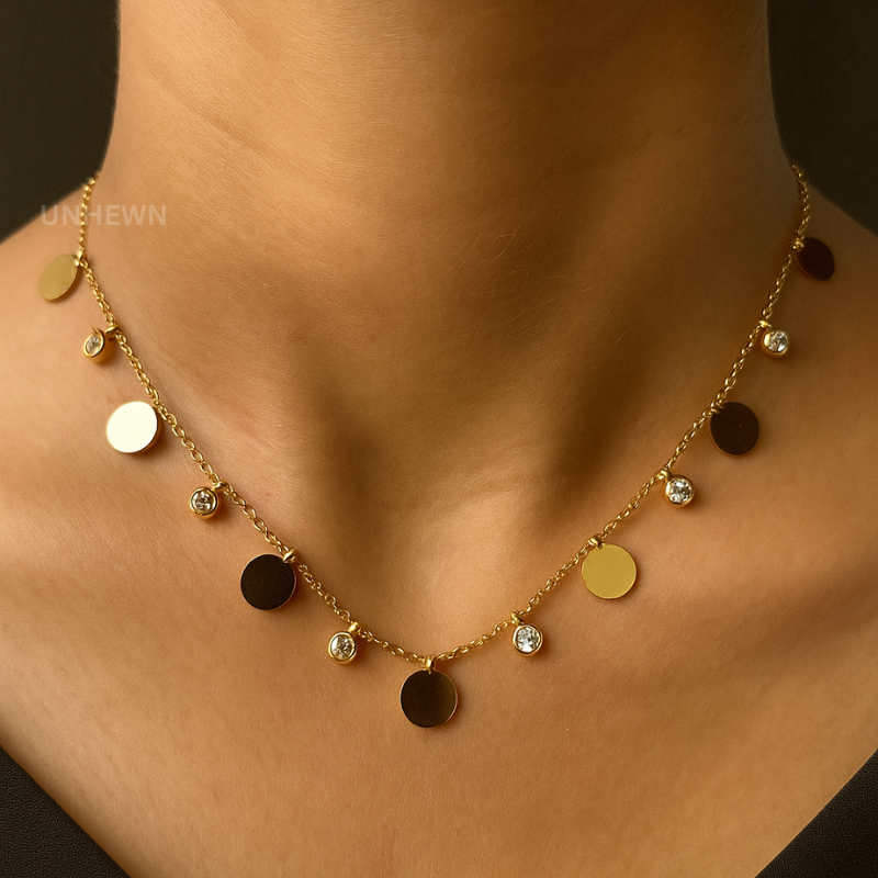 Gold Disc & Crystal Drop Necklace – Delicate Sparkle Charm