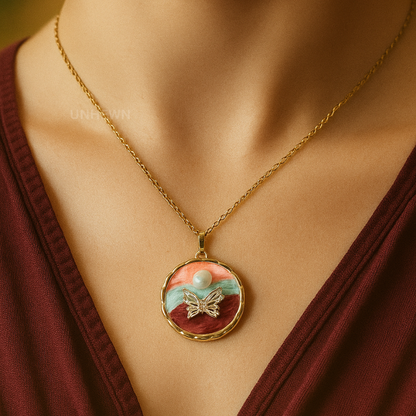 Butterfly & Pearl Sunset Pendant Necklace