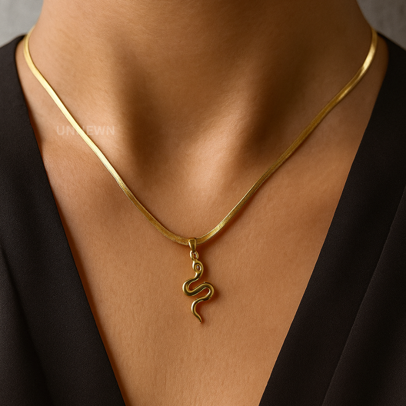 Gold Snake Pendant Necklace with Crystal Accent